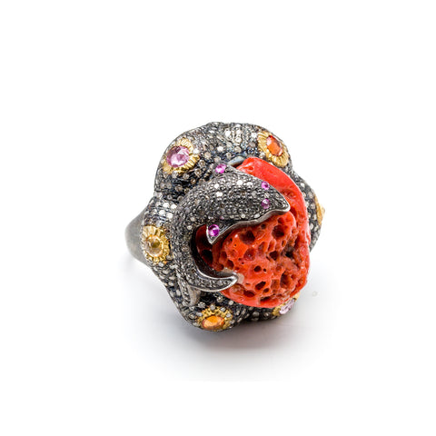 Red Coral and Diamond Fish Ring